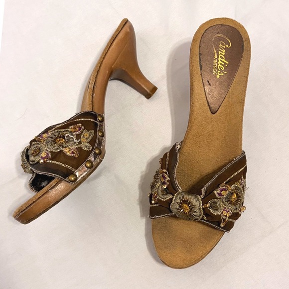 Candie's Shoes - Vintage Candies Brown Embroidered Kitten Heels with beaded detailing on the toe